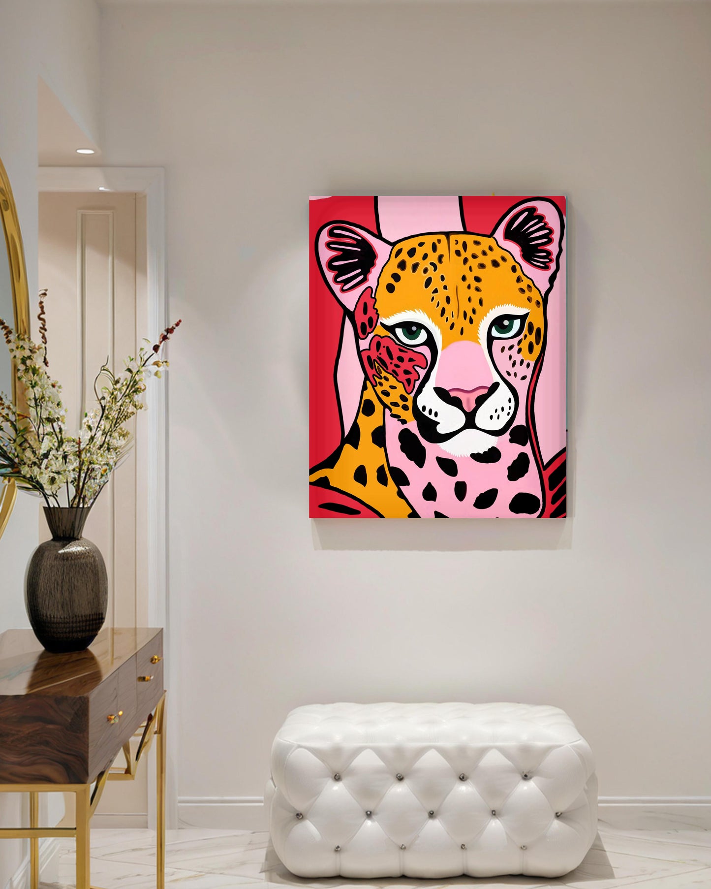 「Pink Leo」Framed Canvas Print Wall Art 現代風叢林動物粉红豹裝飾畫客廳 玄關 臥室