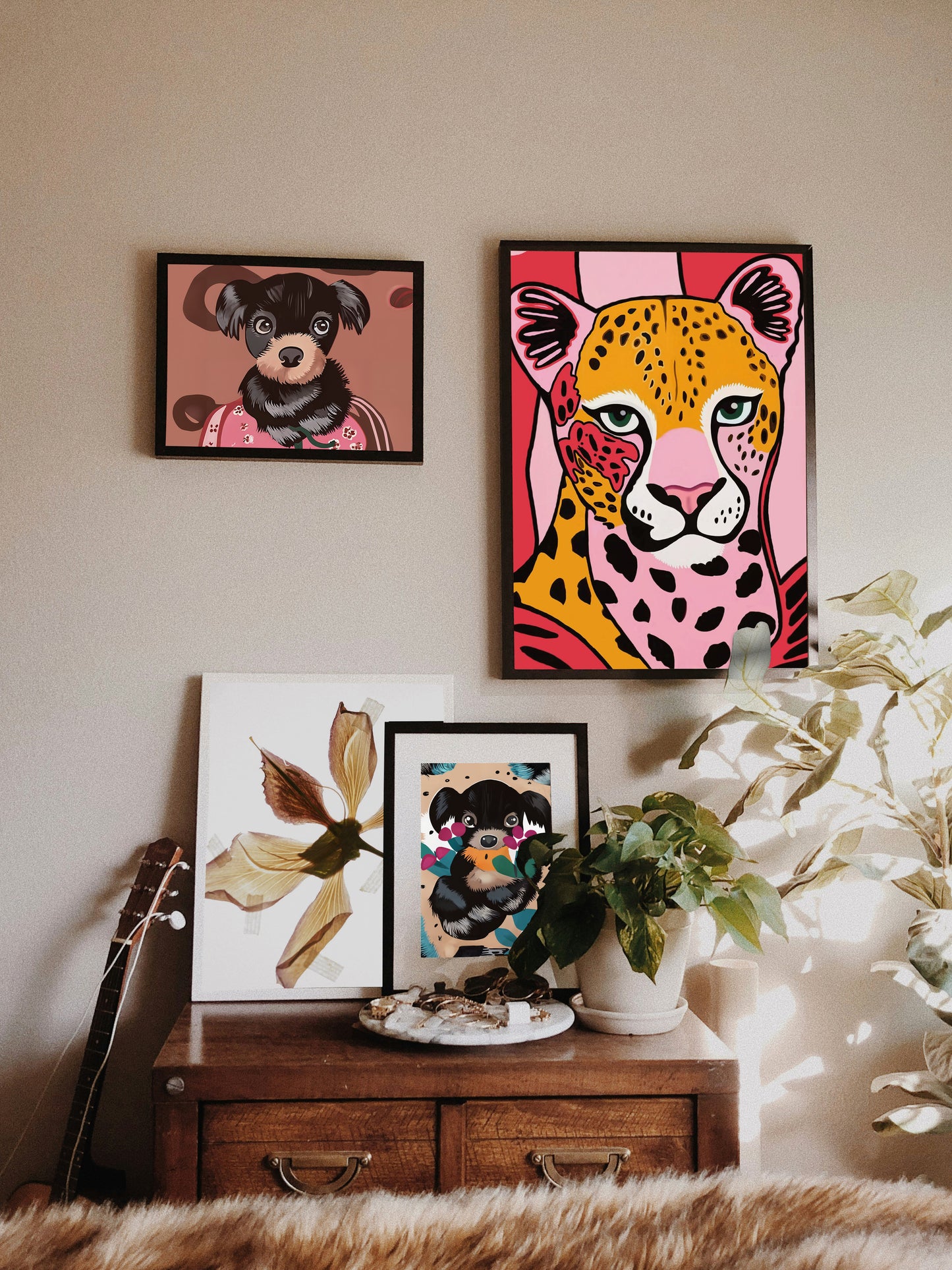 「Pink Leo」Framed Canvas Print Wall Art 現代風叢林動物粉红豹裝飾畫客廳 玄關 臥室