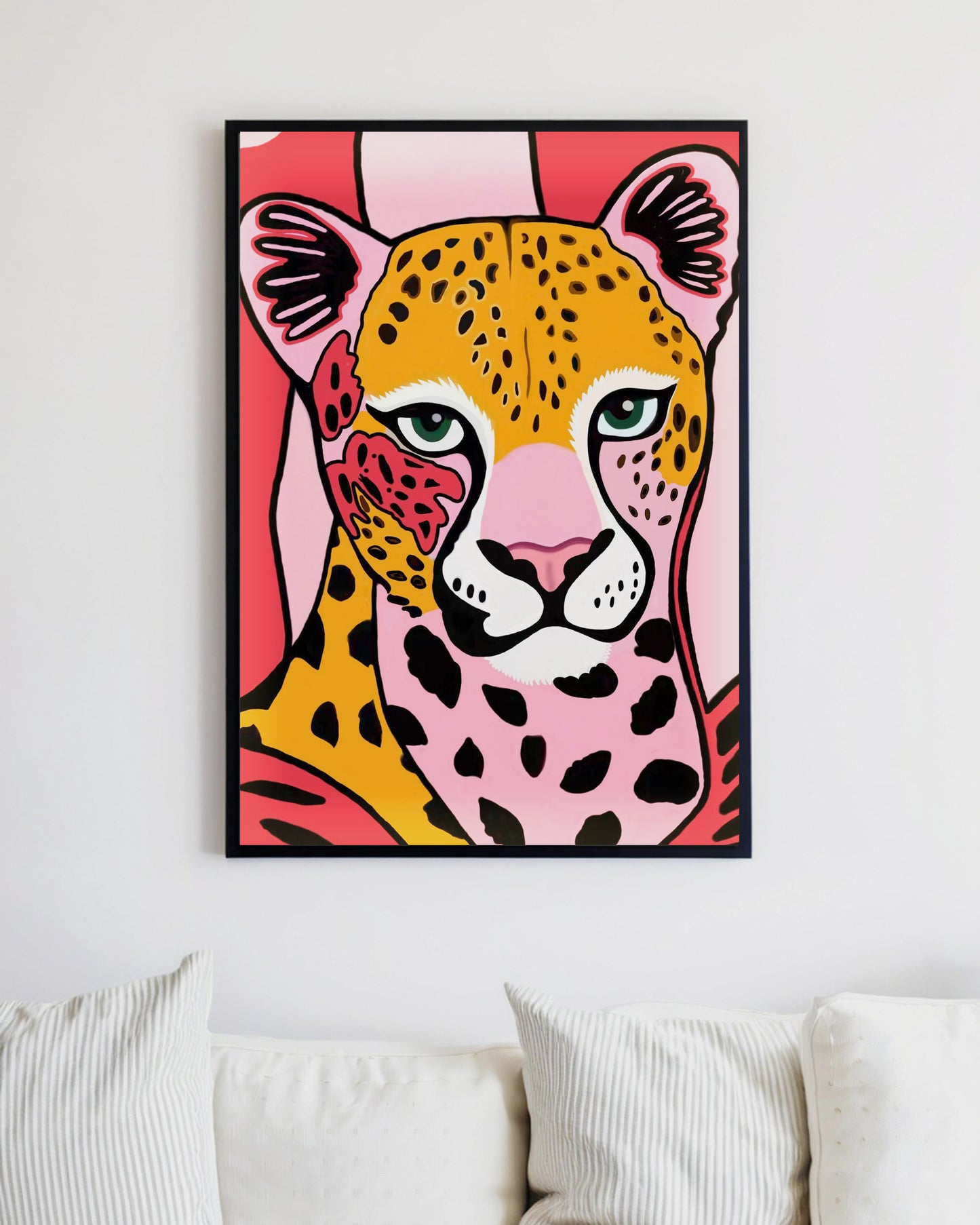 「Pink Leo」Framed Canvas Print Wall Art 現代風叢林動物粉红豹裝飾畫客廳 玄關 臥室