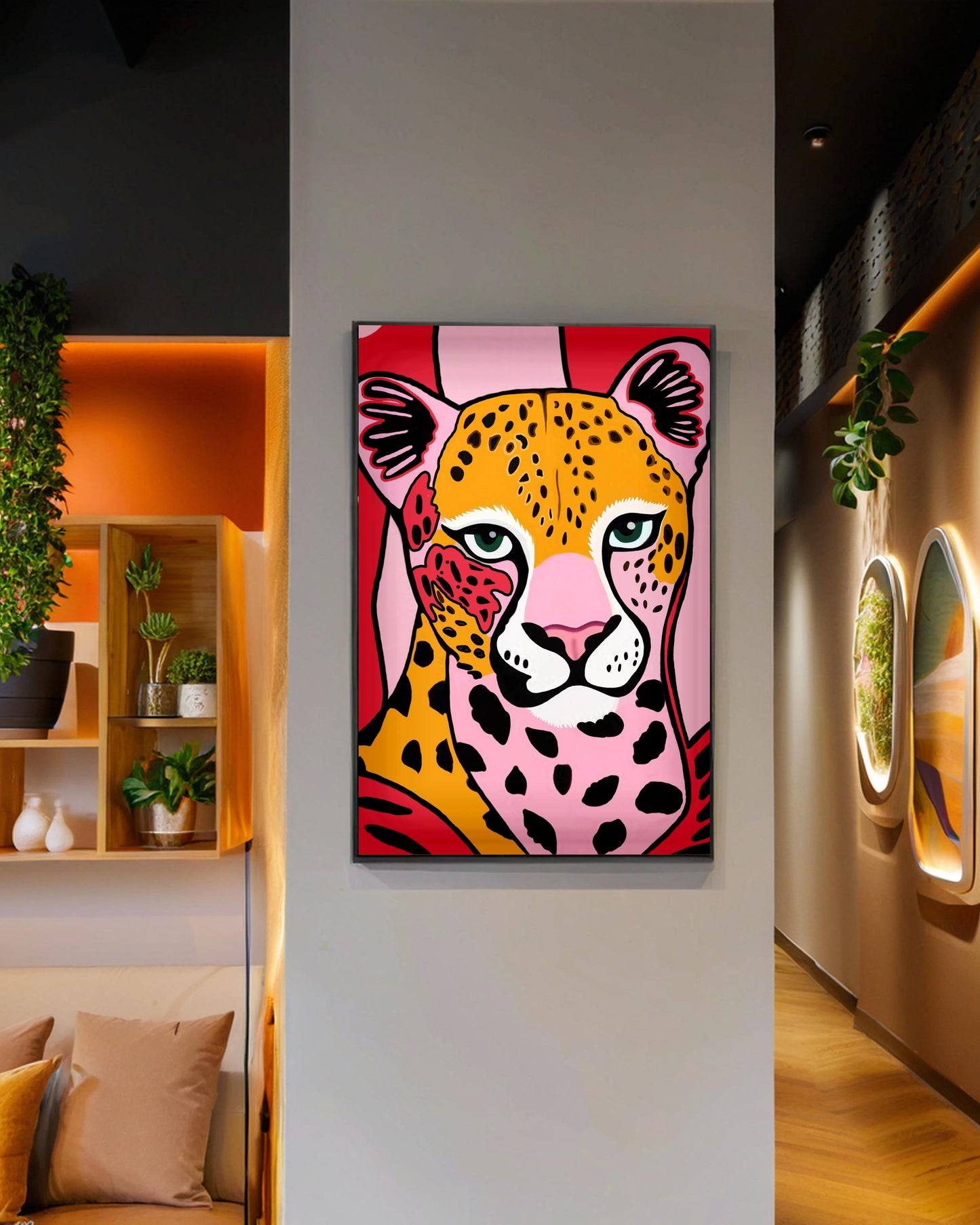 「Pink Leo」Framed Canvas Print Wall Art 現代風叢林動物粉红豹裝飾畫客廳 玄關 臥室